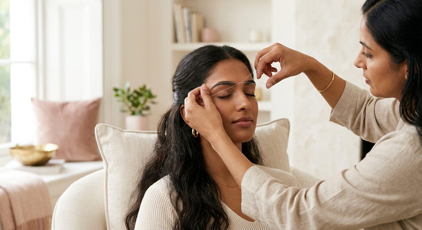 A South Asian client having her eyebrows threaded