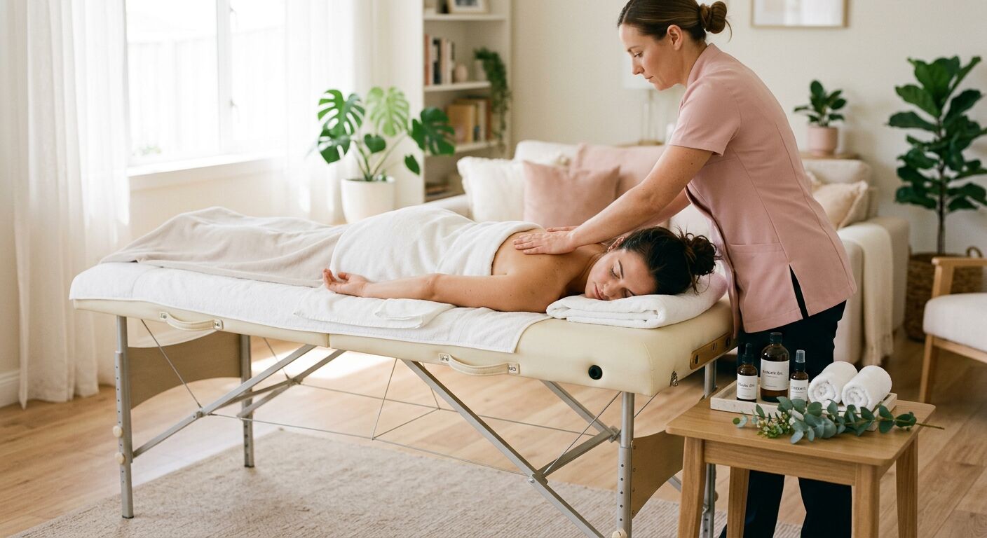Therapist with a portable couch in a client's home
