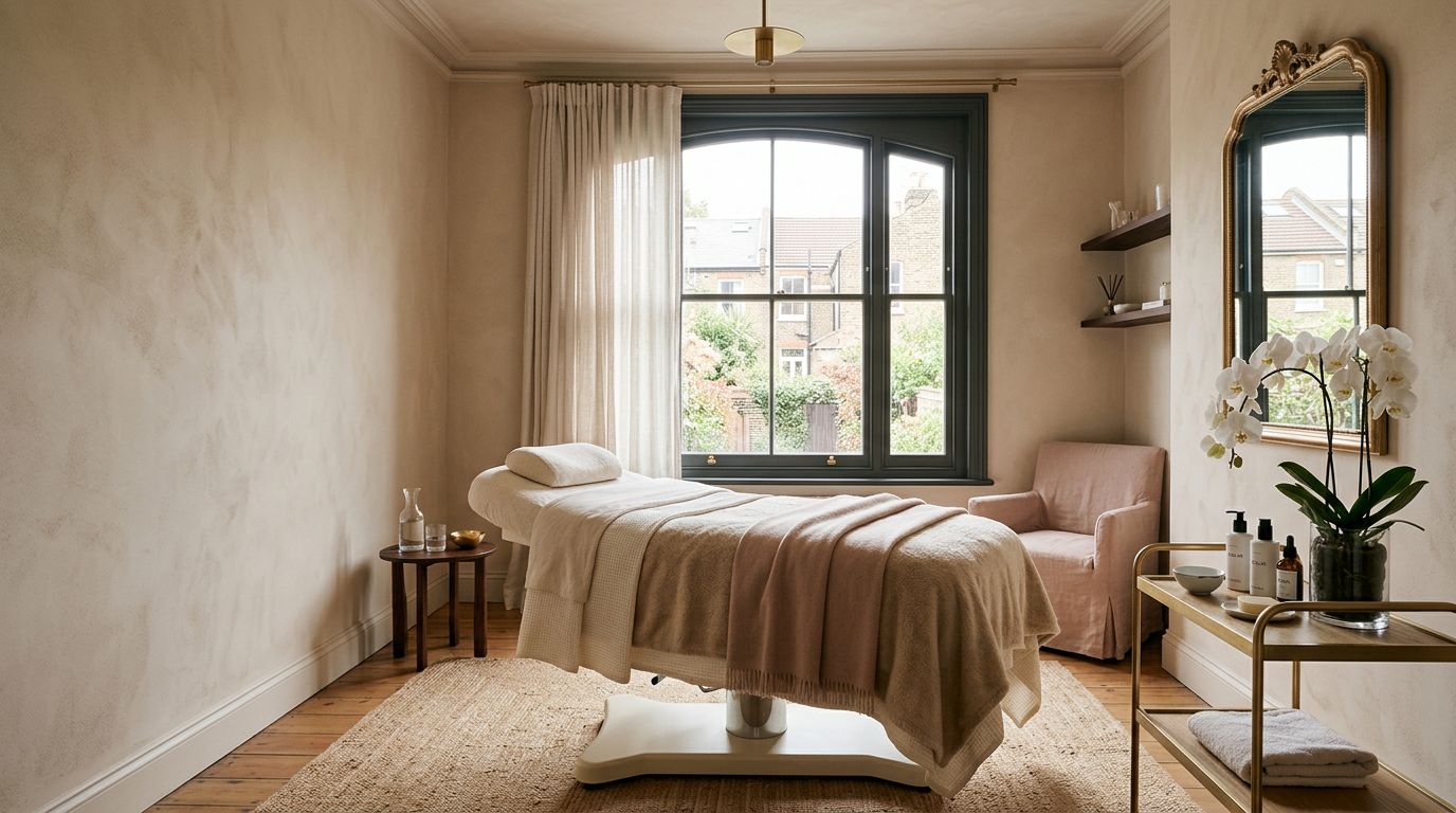 A calm cream treatment room with orchids
